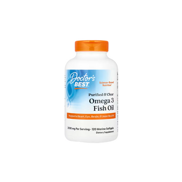 Doctor's Best Purified & Clear Omega 3 Fish Oil with Goldenomega, 120 marine softgels, supports heart, eye, brain, and joint health.